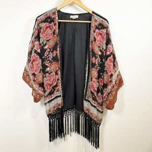 Hyde Park Kimono Womens Large Black Fringe Boho Festival Hippie Beaded Floral